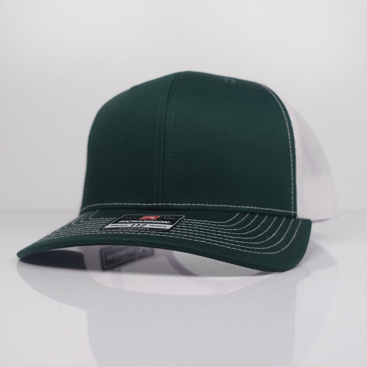 Custom Embroidered Trucker Hat - Richardson 112 option shown in Dark Green / White