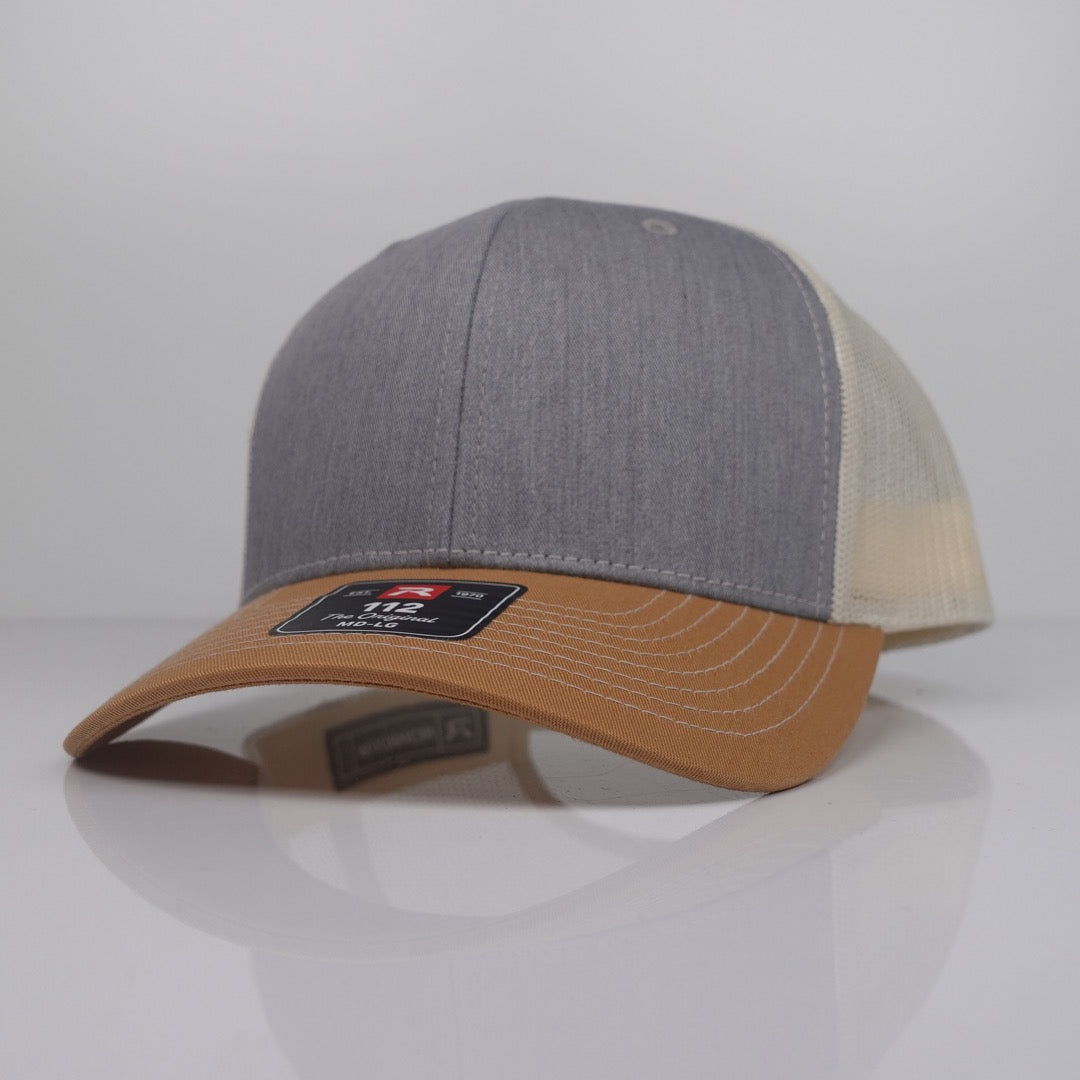 Custom Embroidered Trucker Hat - Richardson 112 option shown in Heather Grey / Birch / Amber Gold