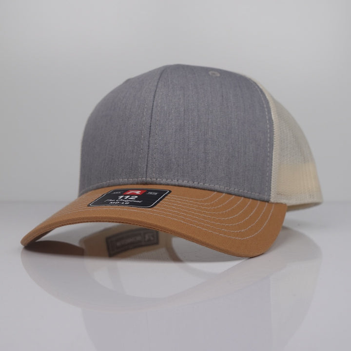 Custom Embroidered Trucker Hat - Richardson 112 option shown in Heather Grey / Birch / Amber Gold