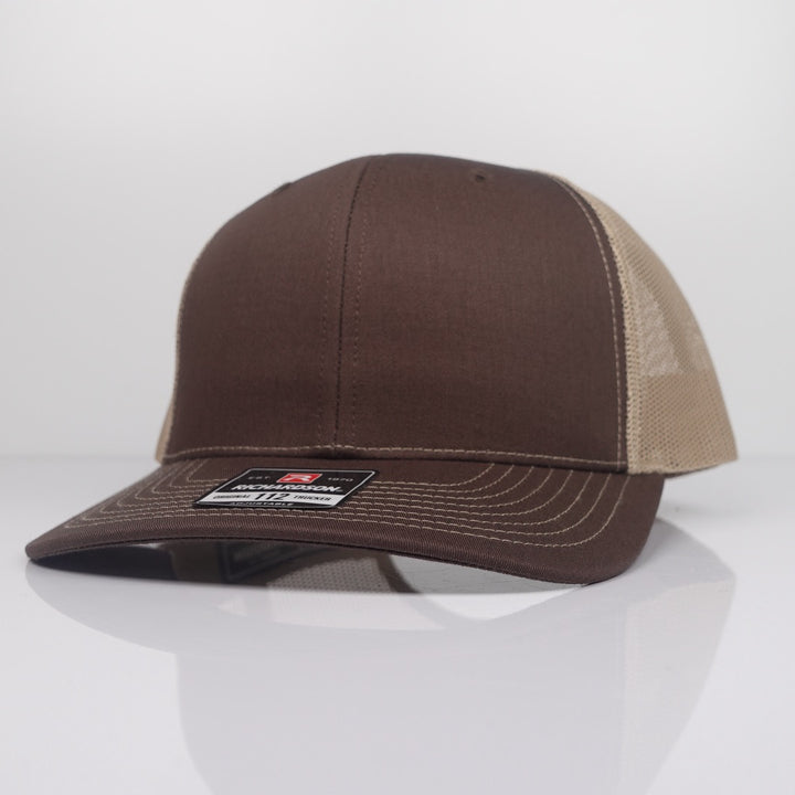 Custom Embroidered Trucker Hat - Richardson 112 option shown in Chocolate Chip / Birch