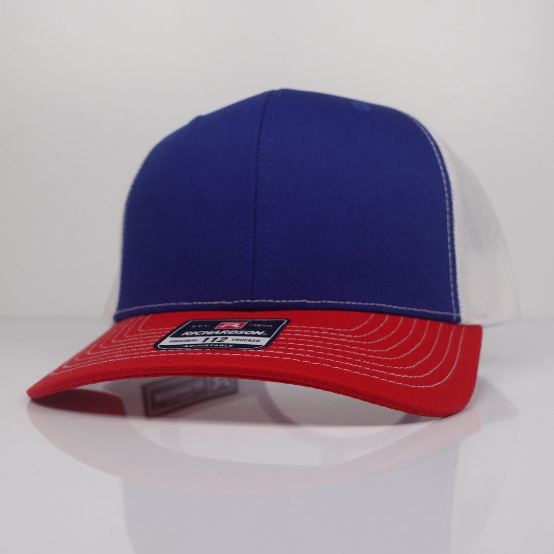 Custom Embroidered Trucker Hat - Richardson 112 option shown in Royal / White / Red