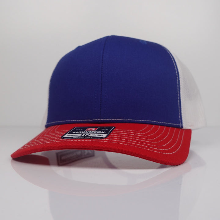 Custom Embroidered Trucker Hat - Richardson 112 option shown in Royal / White / Red