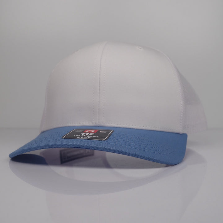 Custom Embroidered Trucker Hat - Richardson 112 option shown in White / Columbia Blue CMB