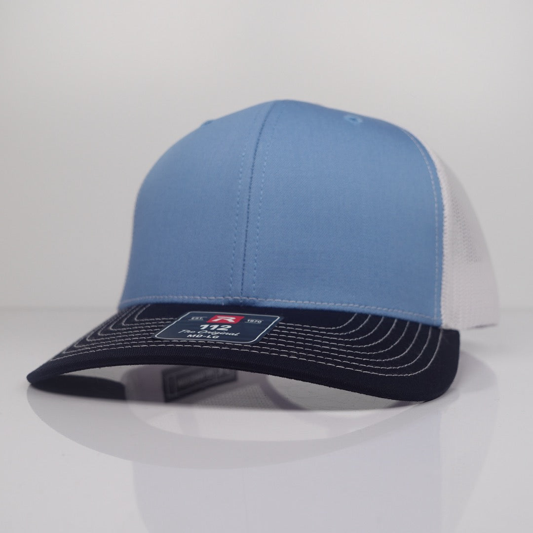 Custom Embroidered Trucker Hat - Richardson 112 option shown in Columbia Blue / White / Navy
