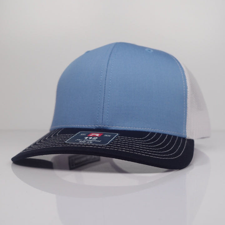 Custom Embroidered Trucker Hat - Richardson 112 option shown in Columbia Blue / White / Navy