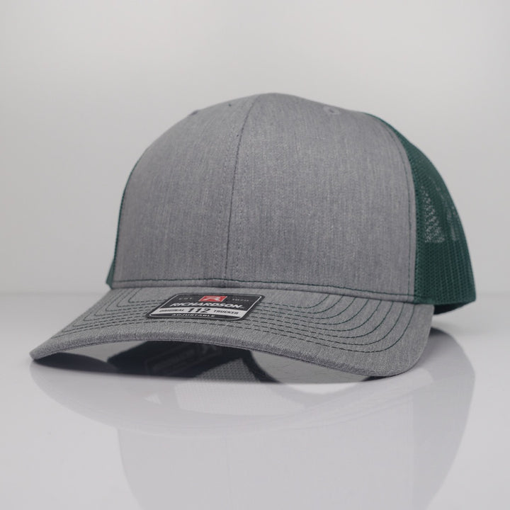 Custom Embroidered Trucker Hat - Richardson 112 option shown in Heather Grey / Dark Green