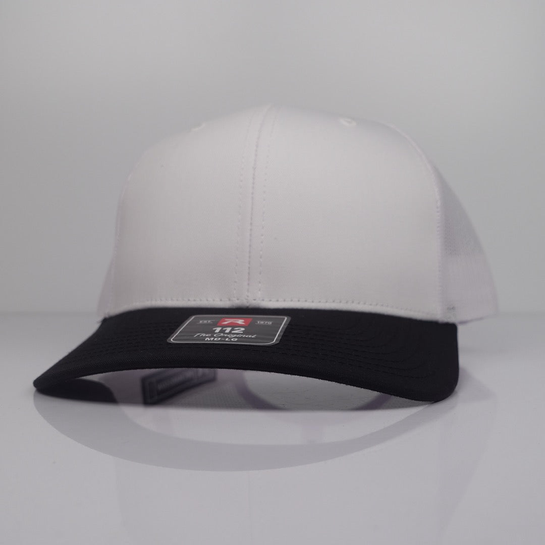 Custom Embroidered Trucker Hat - Richardson 112 option shown in White / Black CMB