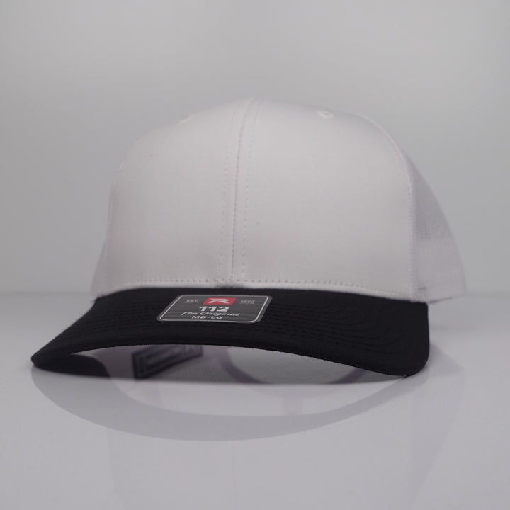 Custom Embroidered Trucker Hat - Richardson 112 option shown in White / Black CMB