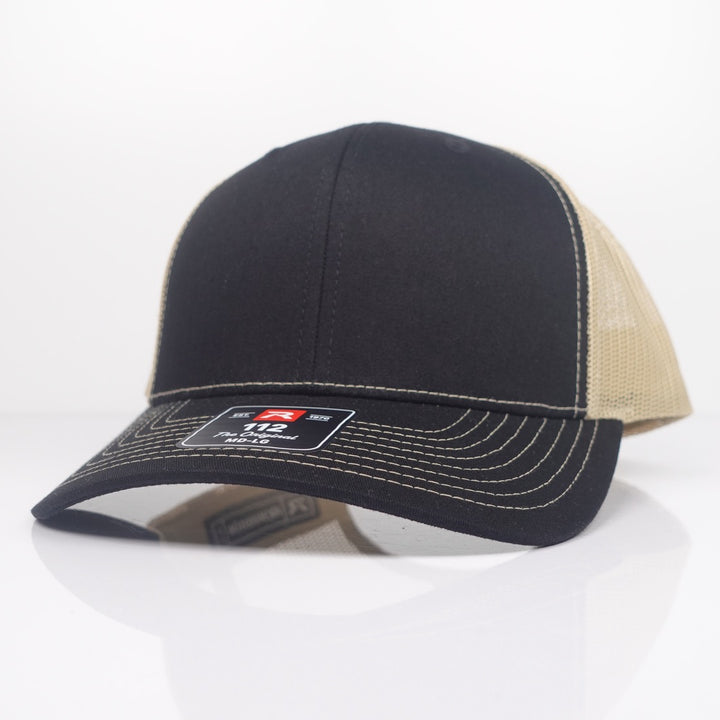 Custom Embroidered Trucker Hat - Richardson 112 option shown in Navy / Khaki