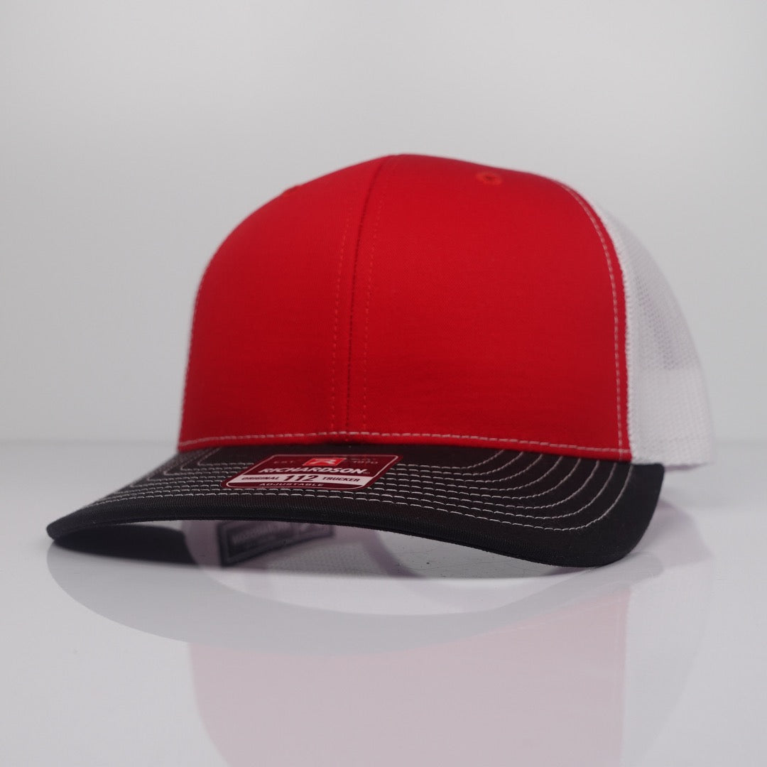 Custom Embroidered Trucker Hat - Richardson 112 option shown in Red / White / Black