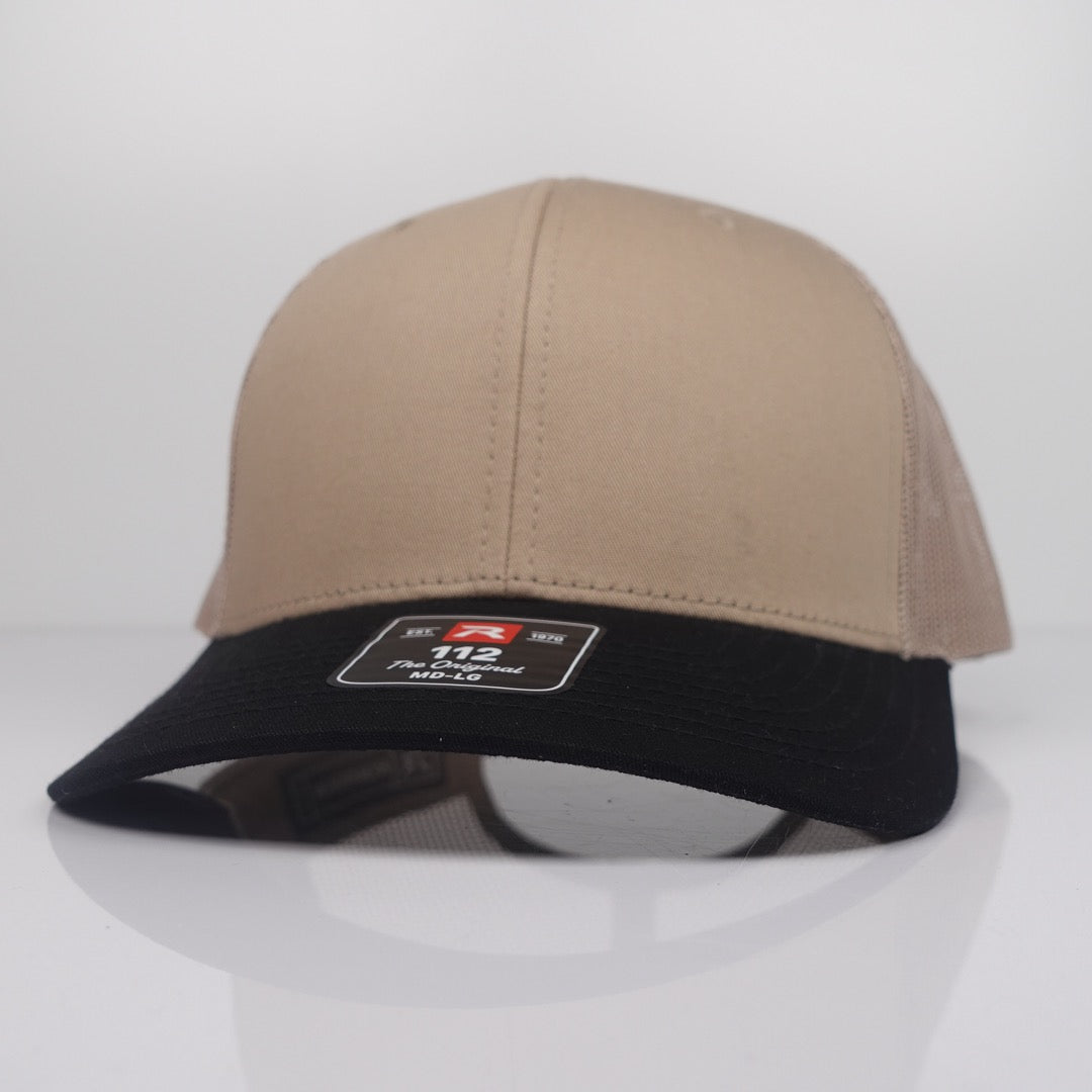 Custom Embroidered Trucker Hat - Richardson 112 option shown in Khaki / Black CMB