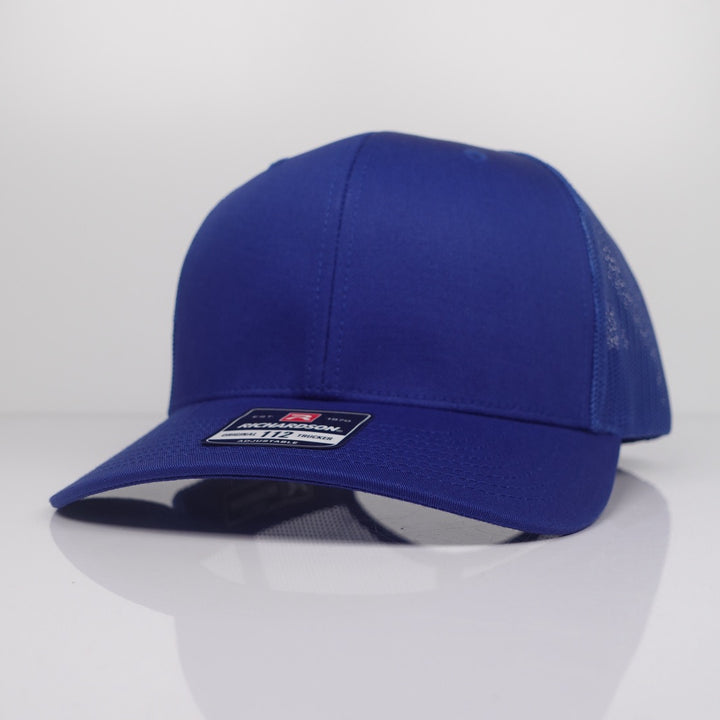 Custom Embroidered Trucker Hat - Richardson 112 option shown in Royal