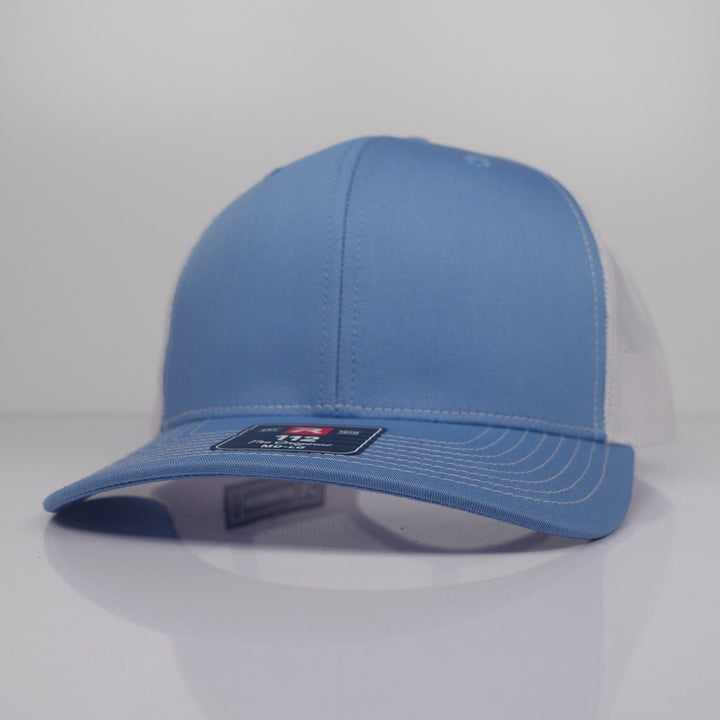 Custom Embroidered Trucker Hat - Richardson 112 option shown in Columbia Blue / White