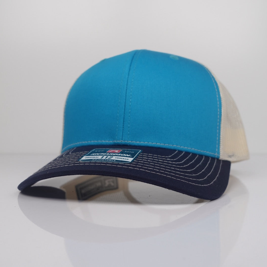 Custom Embroidered Trucker Hat - Richardson 112 option shown in Blue Teal / Birch / Navy