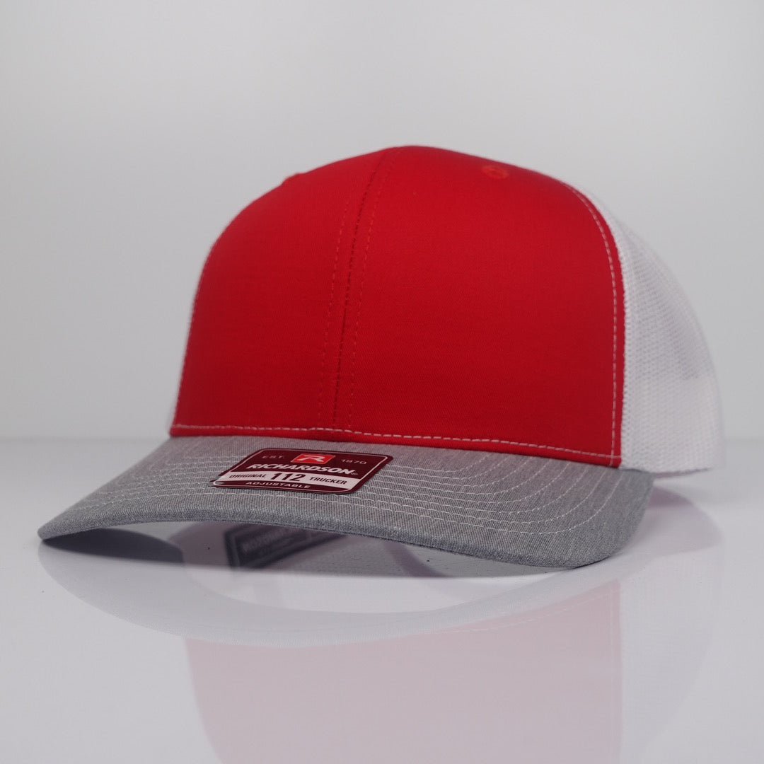 Custom Embroidered Trucker Hat - Richardson 112 option shown in Red / White / Heather Grey
