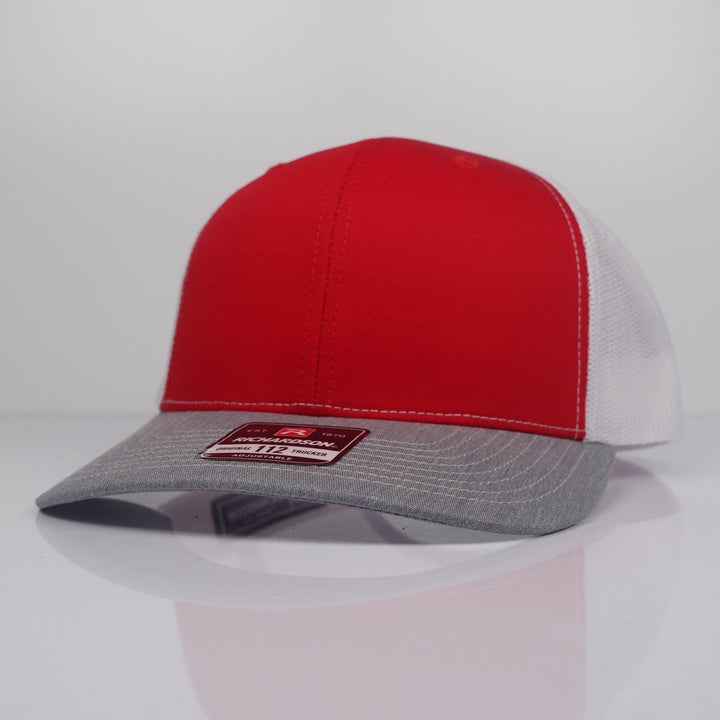 Custom Embroidered Trucker Hat - Richardson 112 option shown in Red / White / Heather Grey