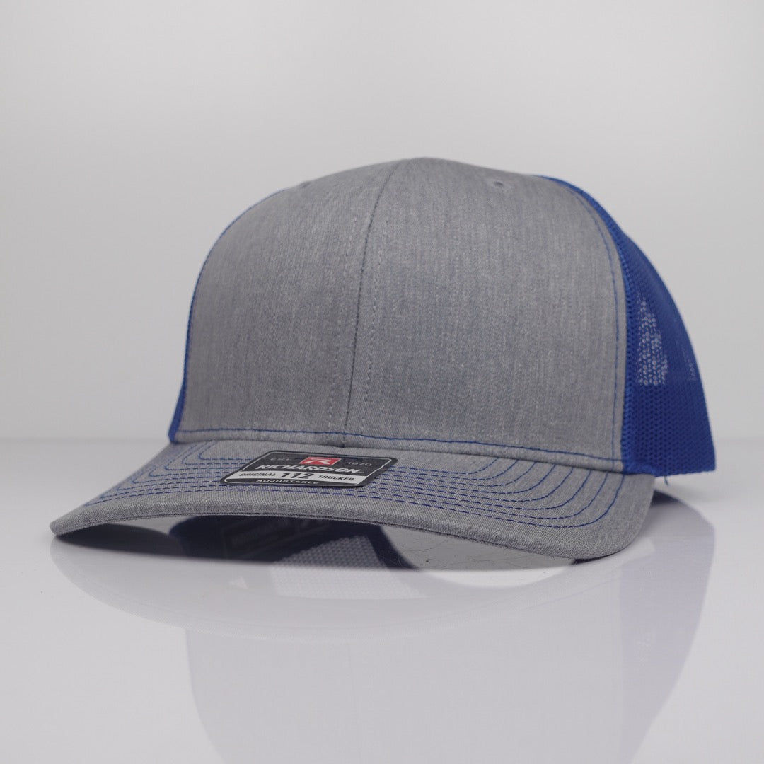 Custom Embroidered Trucker Hat - Richardson 112 option shown in Heather Grey / Royal