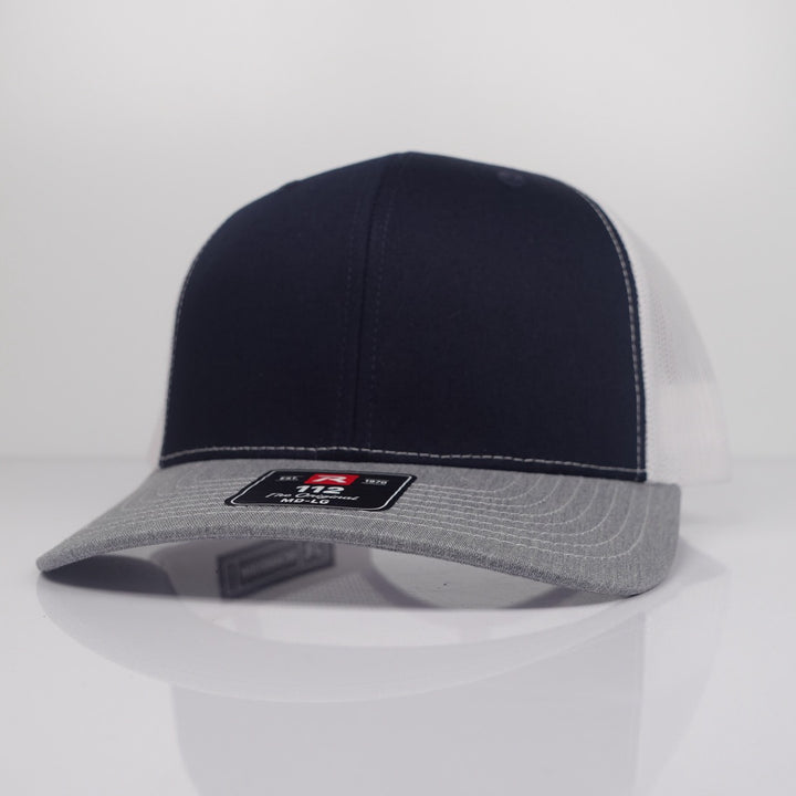 Custom Embroidered Trucker Hat - Richardson 112 option shown in Navy / White / Heather Grey