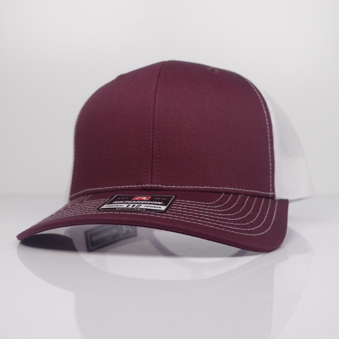 Custom Embroidered Trucker Hat - Richardson 112 option shown in Maroon / White