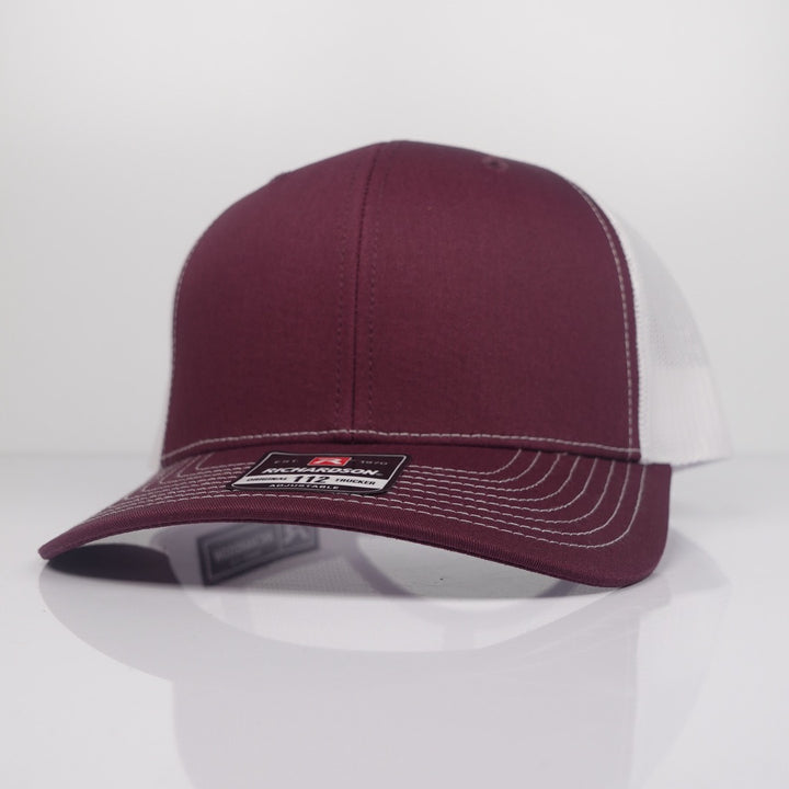 Custom Embroidered Trucker Hat - Richardson 112 option shown in Maroon / White