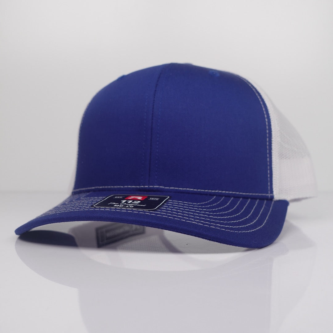 Custom Embroidered Trucker Hat - Richardson 112 option shown in Royal / White