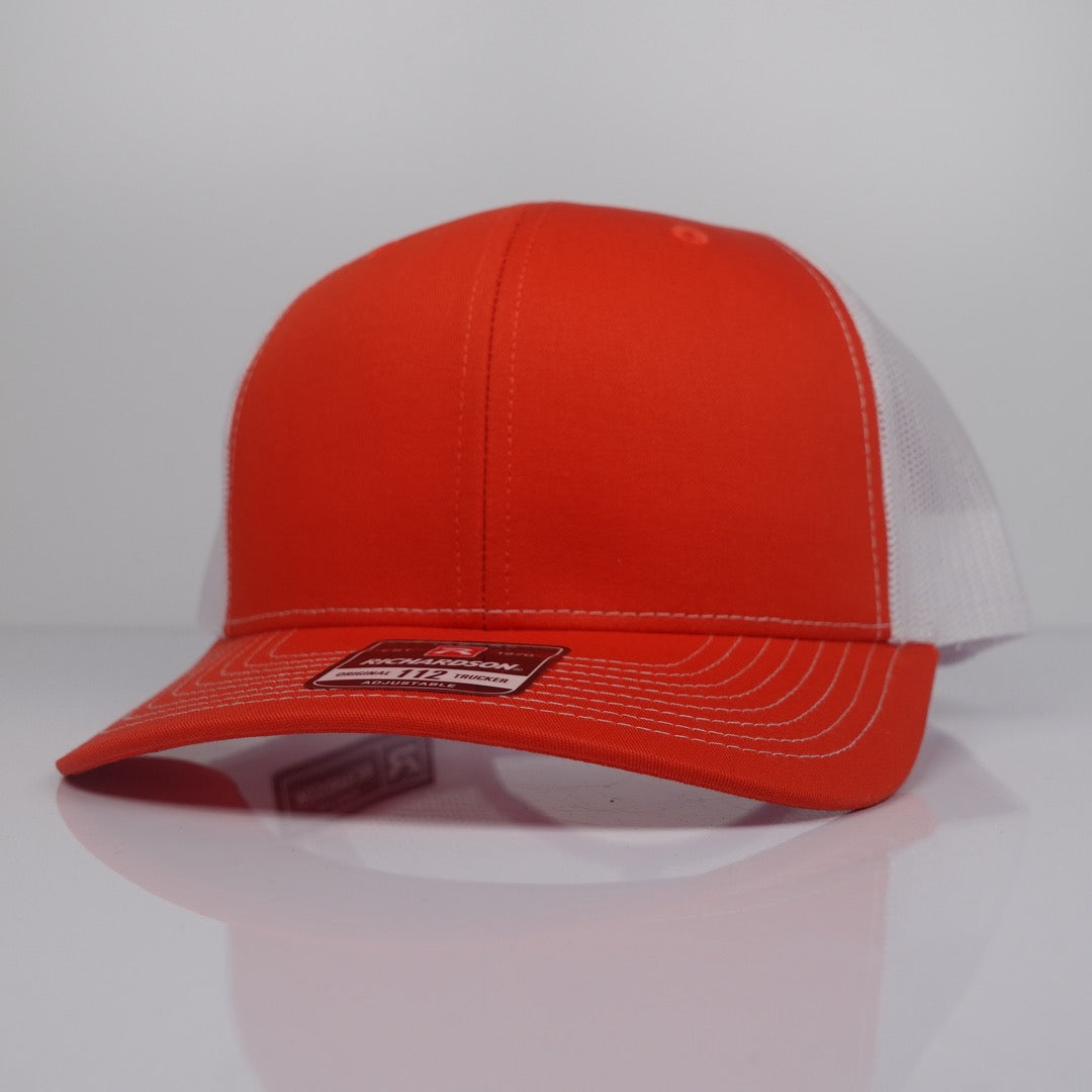 Custom Embroidered Trucker Hat - Richardson 112 option shown in Orange / White