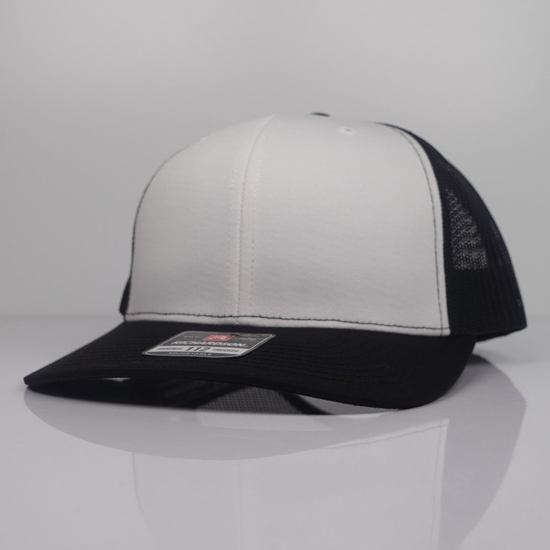 Custom Embroidered Trucker Hat - Richardson 112 option shown in White / Black