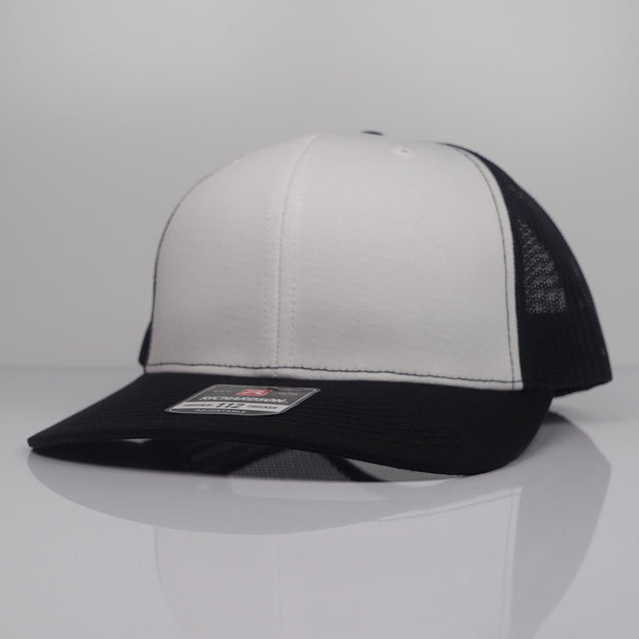 Custom Embroidered Trucker Hat - Richardson 112 option shown in White / Black