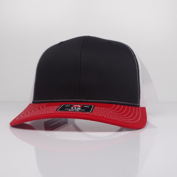 Custom Embroidered Trucker Hat - Richardson 112 option shown in Black / White / Red