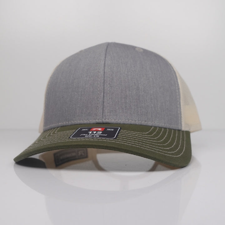 Custom Embroidered Trucker Hat - Richardson 112 option shown in Heather Grey / Khaki / Birch