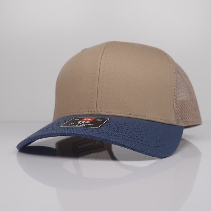 Custom Embroidered Trucker Hat - Richardson 112 option shown in Khaki / Legion Blue CMB