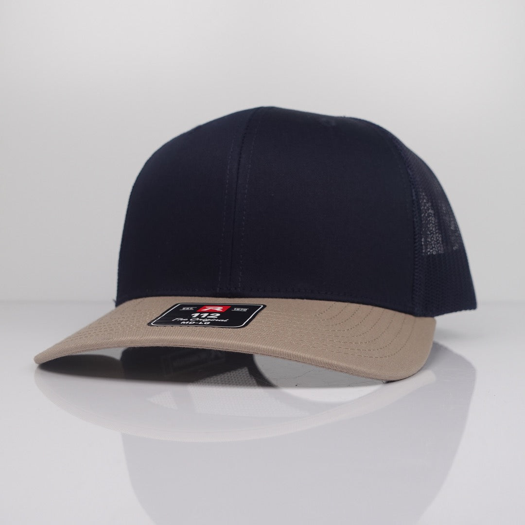 Custom Embroidered Trucker Hat - Richardson 112 option shown in Navy / Khaki CMB