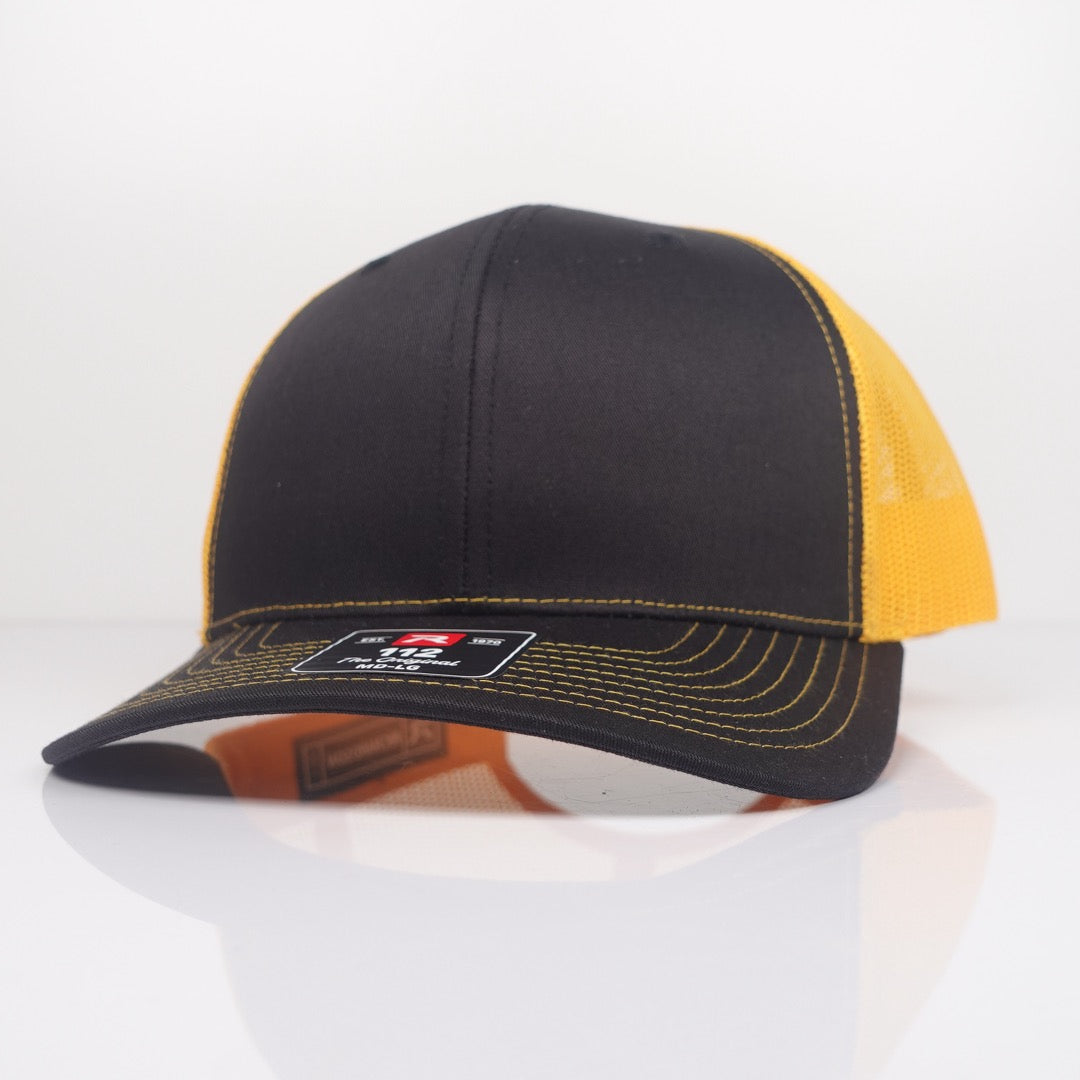 Custom Embroidered Trucker Hat - Richardson 112 option shown in Black / Gold