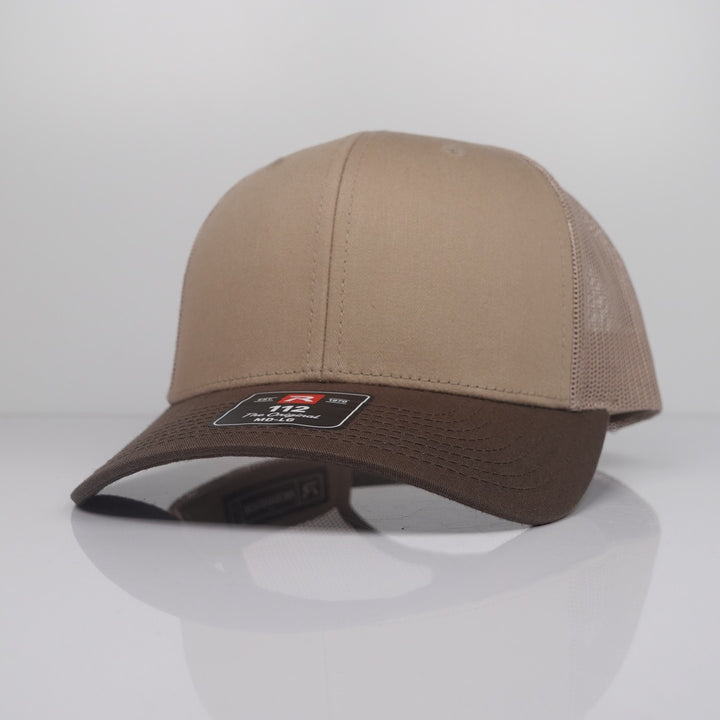 Custom Embroidered Trucker Hat - Richardson 112 option shown in Khaki / Chocolate Chip CMB