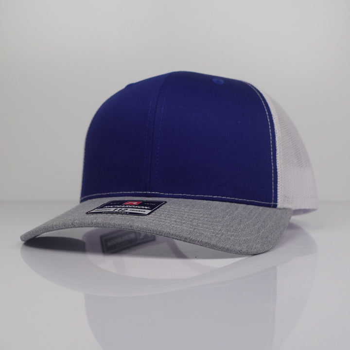 Custom Embroidered Trucker Hat - Richardson 112 option shown in Royal / White / Heather Grey