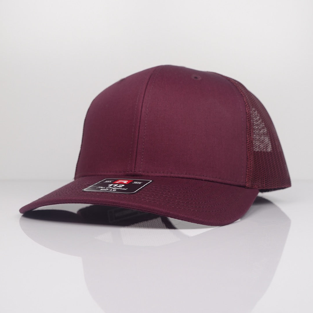 Custom Embroidered Trucker Hat - Richardson 112 option shown in Maroon