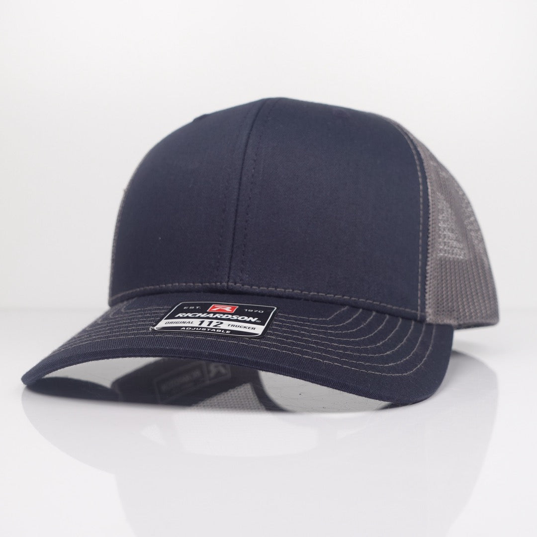 Custom Embroidered Trucker Hat - Richardson 112 option shown in Navy / Charcoal