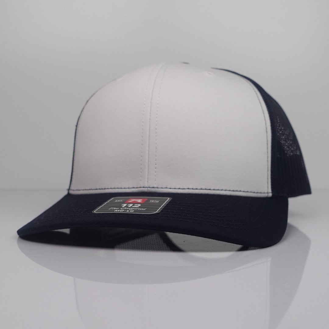 Custom Embroidered Trucker Hat - Richardson 112 option shown in White / Navy