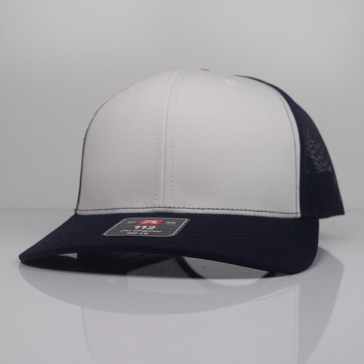 Custom Embroidered Trucker Hat - Richardson 112 option shown in White / Navy