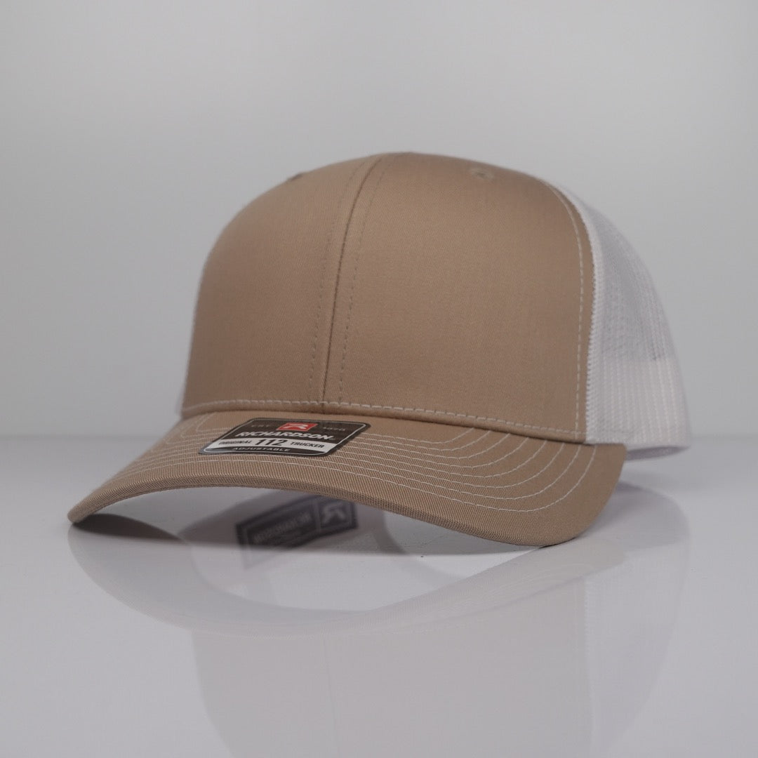 Custom Embroidered Trucker Hat - Richardson 112 option shown in Khaki / White