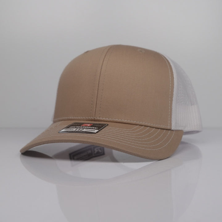 Custom Embroidered Trucker Hat - Richardson 112 option shown in Khaki / White