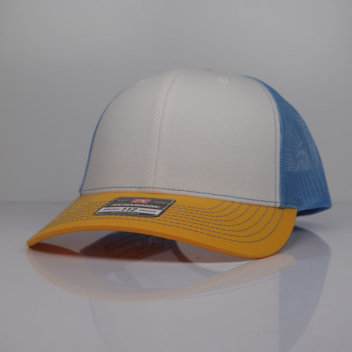 Custom Embroidered Trucker Hat - Richardson 112 option shown in White / Columbia Blue / Yellow