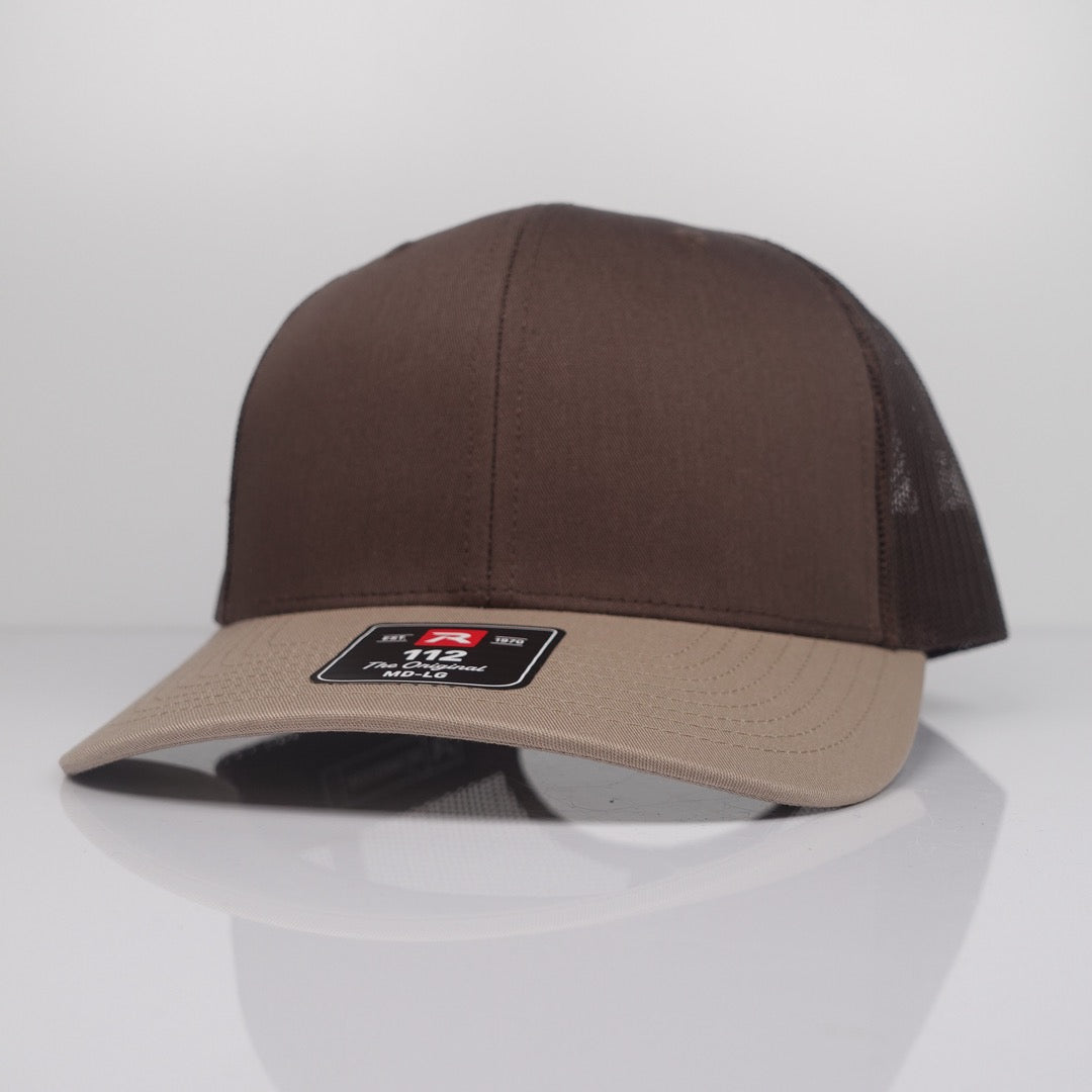 Custom Embroidered Trucker Hat - Richardson 112 option shown in Brown / Khaki CMB