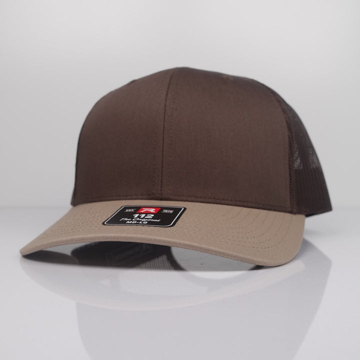 Custom Embroidered Trucker Hat - Richardson 112 option shown in Brown / Khaki CMB