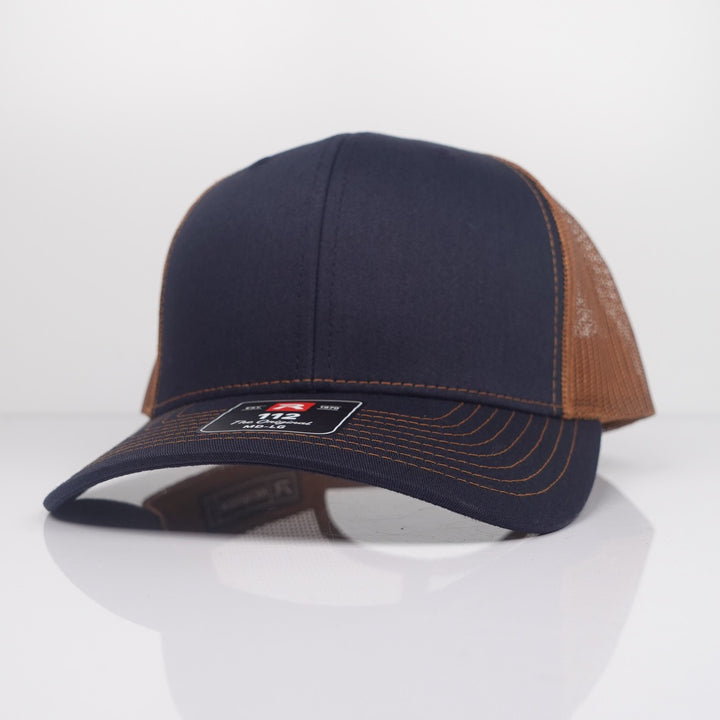 Custom Embroidered Trucker Hat - Richardson 112 option shown in Navy / Carmel