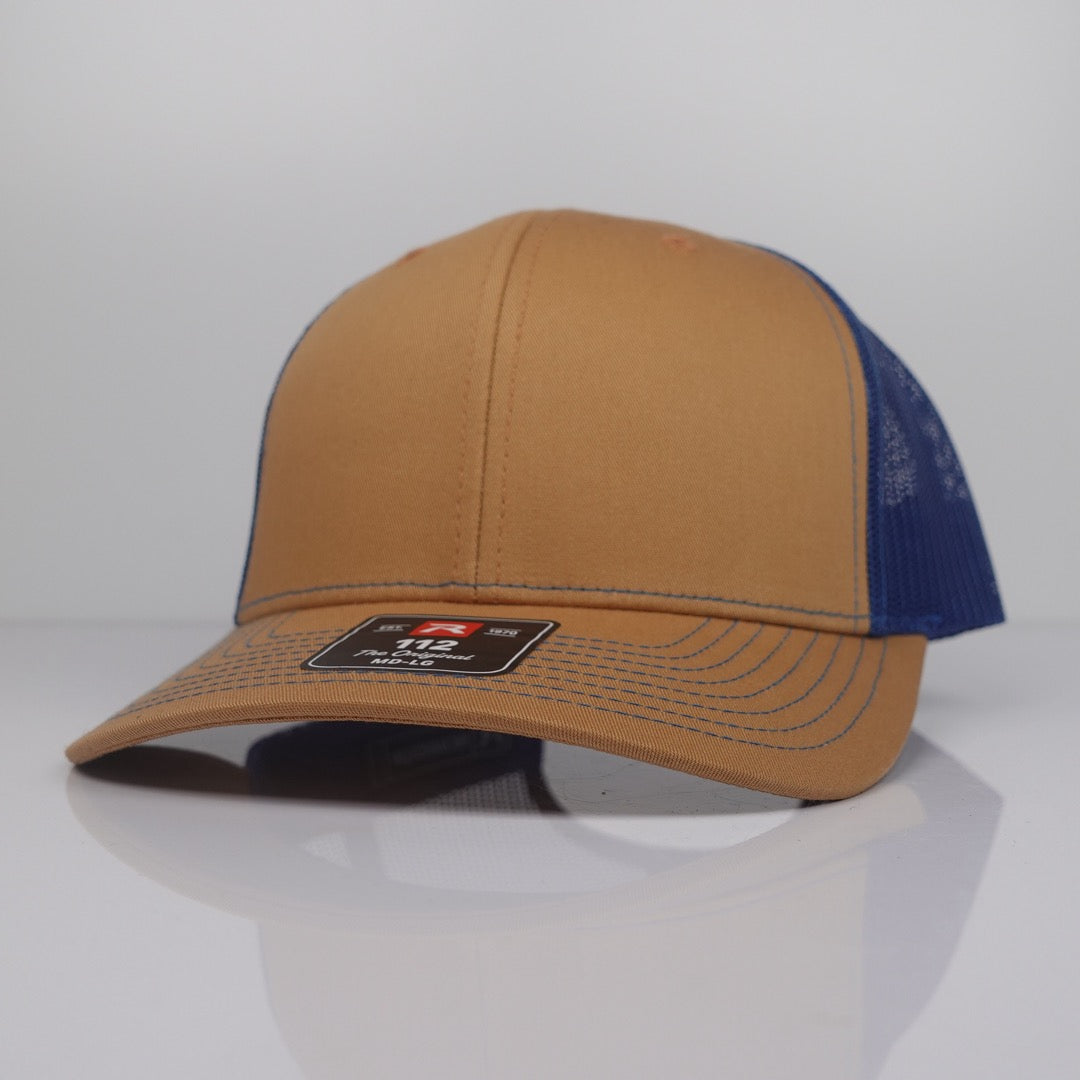 Custom Embroidered Trucker Hat - Richardson 112 option shown in Biscuit / True Blue