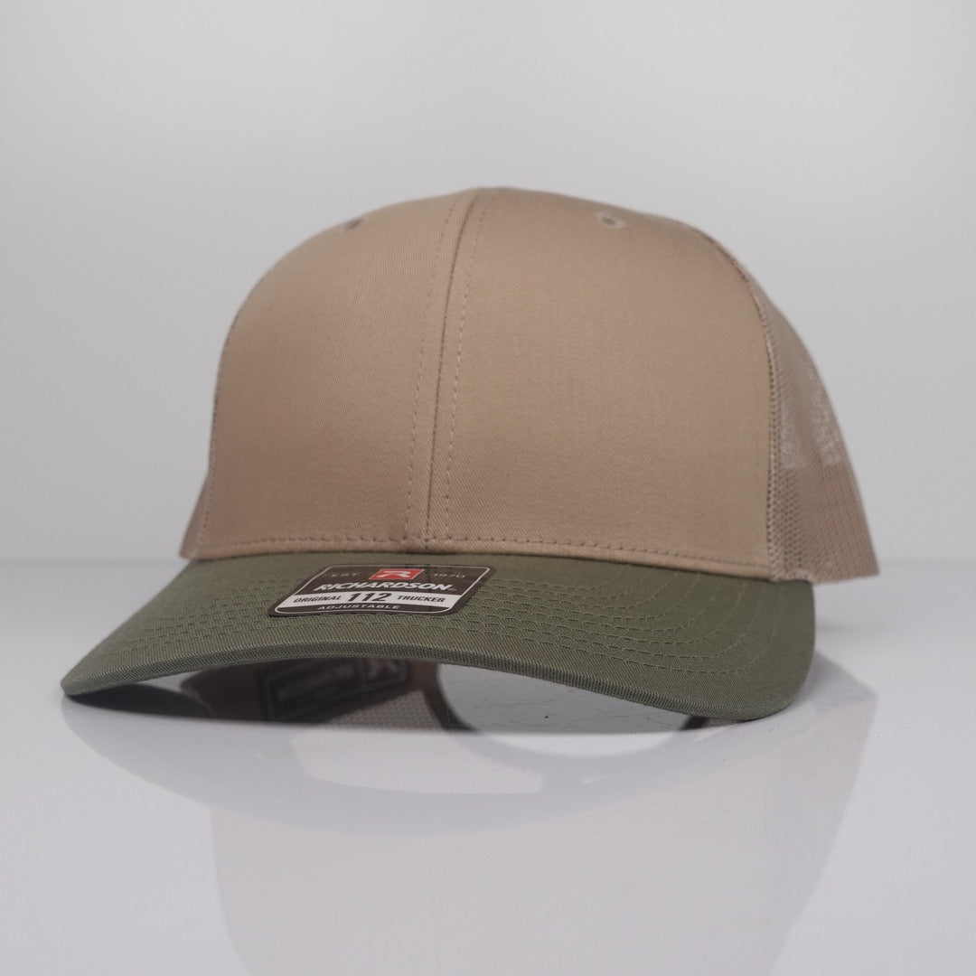 Custom Embroidered Trucker Hat - Richardson 112 option shown in Khaki / Loden Green CMB