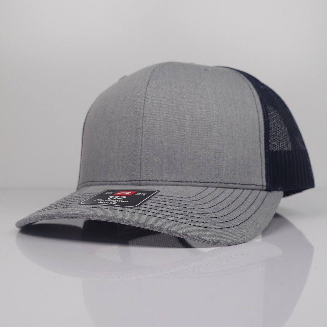 Custom Embroidered Trucker Hat - Richardson 112 option shown in Heather Grey / Navy