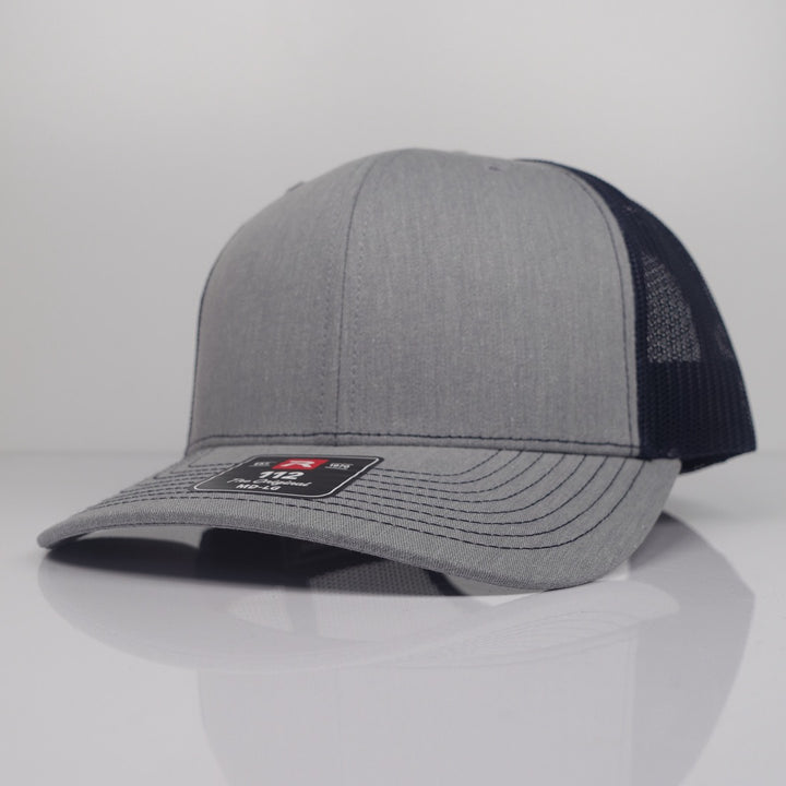 Custom Embroidered Trucker Hat - Richardson 112 option shown in Heather Grey / Navy