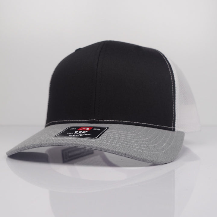 Custom Embroidered Trucker Hat - Richardson 112 option shown in Black / White / Heather Grey